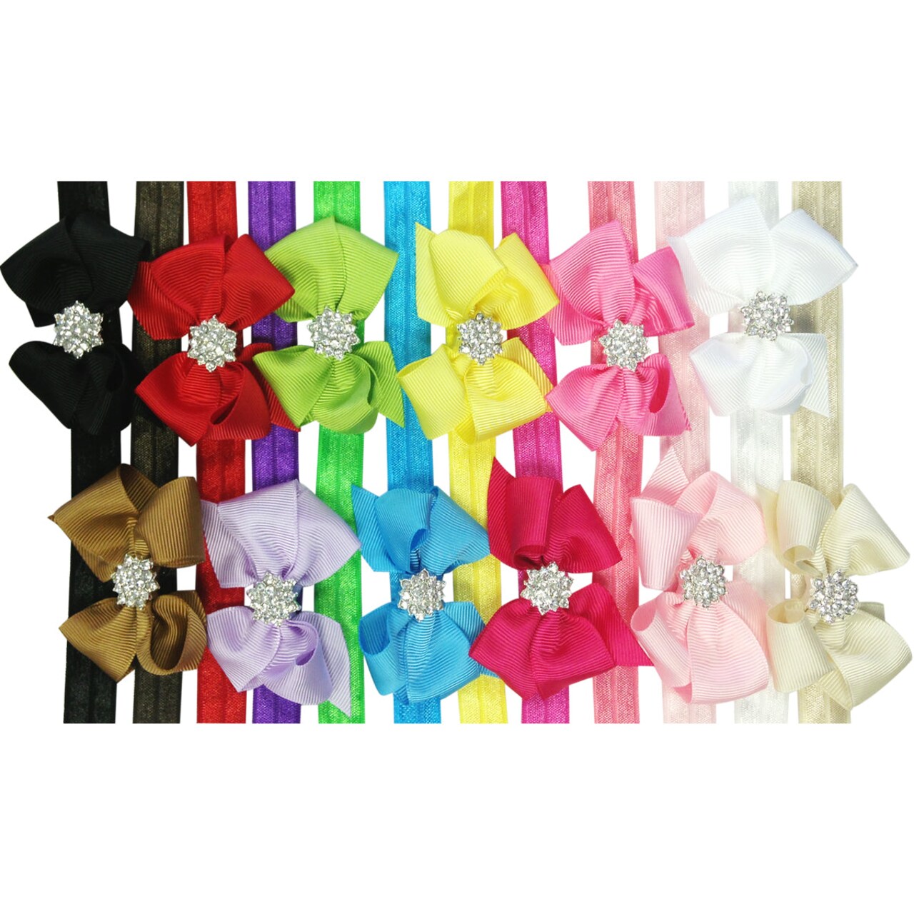 Wrapables Ribbon Bow with Rhinestone Button Center Stretchy Headband, Set of 12